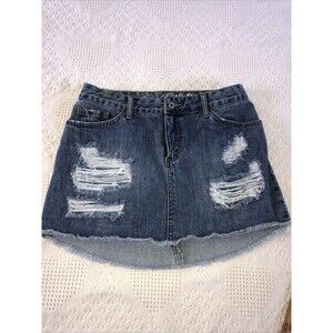Vintage Y2K Vanilla Star Denim Fringe Mini Skirt Size 9 Grunge Distressed